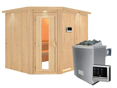 Systemsauna Malin mit Dachkranz, Holztür mit Isolierglas, inkl. 9 kW Saunaofen ext. Steuerung Produktbild #7
