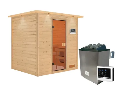 Sauna Adelina mit bronzierter Glastür und Dachkranz + 9 kW Saunaofen integr. Strg. Produktbild #7