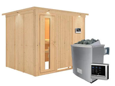 Systemsauna Gobin mit Dachkranz, Holztür mit Isolierglas, inkl. 9 kW Saunaofen ext. Steuerung Produktbild #6