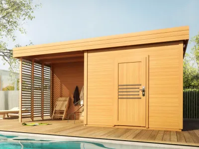 Gartenhaus Livo 1 28 mm naturbelassen mit 264 cm Anbau Produktbild #1