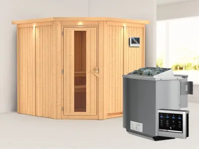 Systemsauna Jarin mit Dachkranz, Holztür mit Isolierglas, inkl. 9 kW Bio-Kombiofen ext. Steuerung Produktbild #3