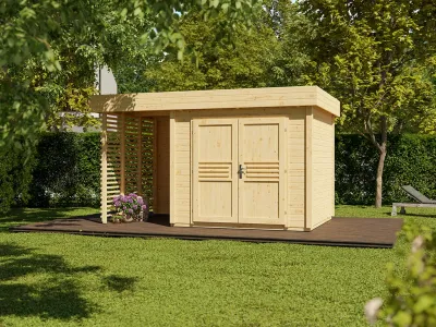 Gartenhaus Livo 2 28 mm naturbelassen mit 164 cm Anbau Produktbild #1