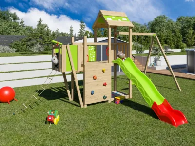 Spielturm Louanne inkl. Doppelschaukel, Kletterwand + Rutsche grün-rot Produktbild #1