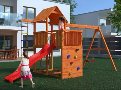 Spielturm Bento D teakfarben inkl. Rutsche rot Produktbild #1