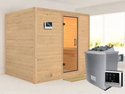 Sauna Massivholzsauna Sonara Klarglas Ganzglastür + 9 kW Saunaofen mit ext.Strg Produktbild #1