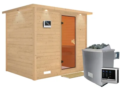 Massivholzsauna Sonara mit Dachkranz, bronzierte Ganzglastür, inkl. 9 kW Ofen ext. Steuerung Produktbild #6