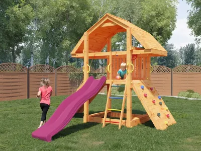 Spielturm Buffalo teakfarben inkl. Rutsche pink Produktbild #1