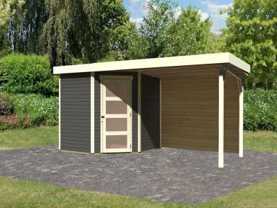 Gartenhaus Schwandorf 5 19 mm terragrau inkl. 2,8 m Anbaudach + Rückwand Produktbild #1