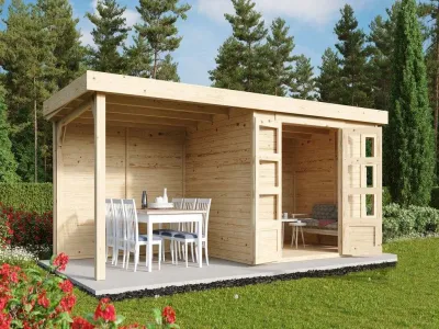 Gartenhaus Askola 2 19 mm terragrau inkl. 2,4 m Anbaudach + Rückwand Produktbild #4