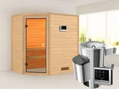 Sauna Jella mit bronzierter Glastür + 3,6 kW Plug & Play Saunaofen ext. Strg. Produktbild #1