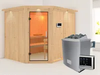 Sauna Systemsauna Malin mit Dachkranz, Klarglas Ganzglastür + 9 kW Saunaofen mit ext. Strg Produktbild #1