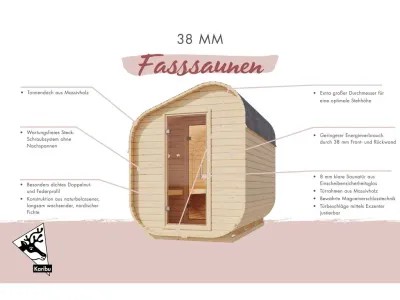 Fasssauna asymmetrisch 1 38 mm naturbelassen mit Ganzglastür Produktbild #12