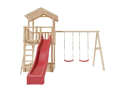 Spielturm Tilly Premium mit Doppelschaukel Lärche inkl. Rutsche rot + Sitze rot Produktbild #2