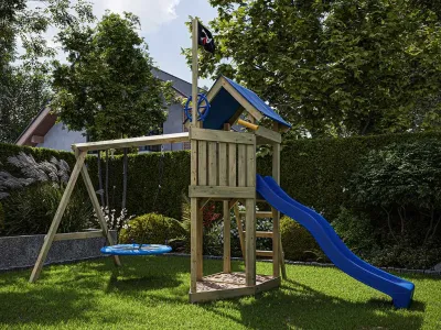 Spielturm Pirat Captain Jolly KDI mit Doppelschaukel inkl. Rutsche blau + Nestschaukel Produktbild #1