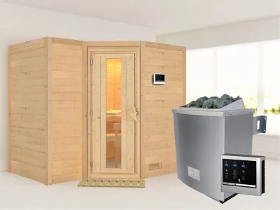 Massivholzsauna Sahib 2 Holztür mit Isolierglas, inkl. 9 kW Ofen ext. Steuerung Produktbild #1
