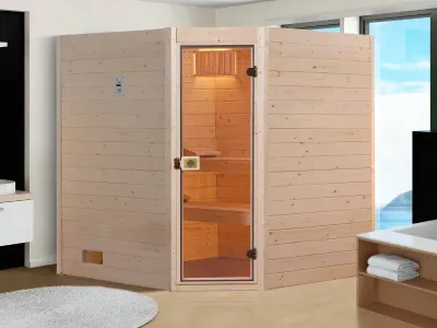 Sauna Massivholzsauna Valida Eck 2 GT klare Ganzglastür Produktbild #1
