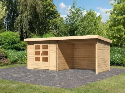 Gartenhaus Blockbohlenhaus SET Bastrup 5 28 mm naturbelassen, inkl. 3 m Anbaudach + Seiten-/Rückwand Produktbild #1