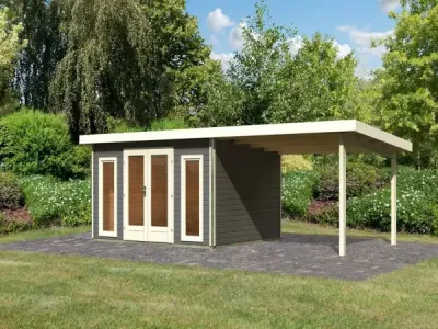Gartenhaus SET Radeburg 2 40 mm terragrau inkl. 3,3 m Anbaudach Produktbild #1