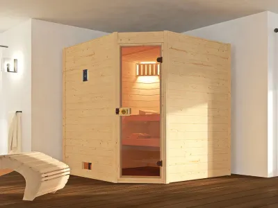 Sauna Massivholzsauna Valida 1.8 Eck mit Klarglastür Produktbild #1