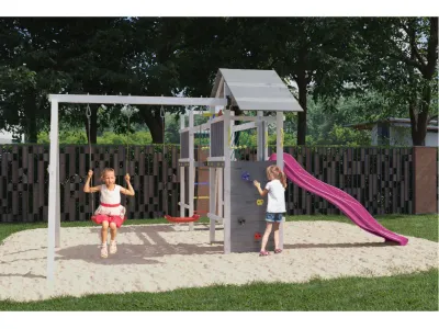Spielturm Smart 5 Bridge grau/weiß inkl. Rutsche pink Produktbild #2