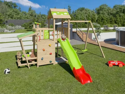 Spielturm Minou inkl. Doppelschaukel, Picknick-Tisch + Rutsche grün/rot Produktbild #1