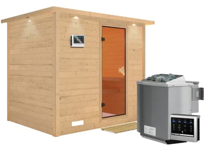 Massivholzsauna Sonara mit Dachkranz, bronzierte Ganzglastür, inkl. 9 kW Bio-Ofen ext. Steuerung Produktbild #2