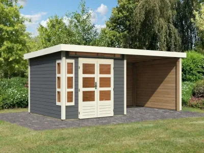 Gartenhaus SET Kastorf 6 28 mm terragrau inkl. 3,2 m Anbaudach + Rückwand + Seitenwand Produktbild #1