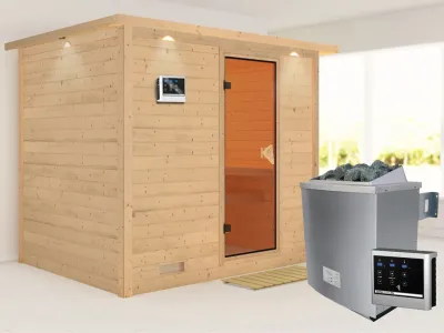 Massivholzsauna Sonara mit Dachkranz, bronzierte Ganzglastür, inkl. 9 kW Ofen ext. Steuerung Produktbild #1