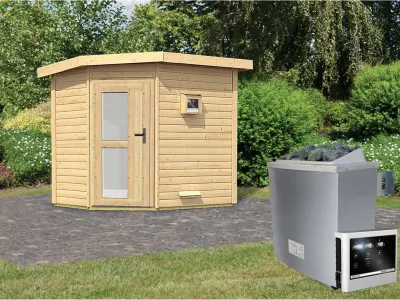 Saunahaus Mikka mit Milchglastür, inkl. 9 kW Saunaofen mit externer Steuerung Produktbild #1
