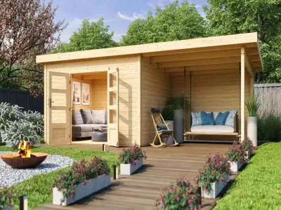 Gartenhaus SET Northeim 4 – mit naturbelassenem Holz, inkl. 3,3 m Anbaudach + Rückwand Produktbild #1
