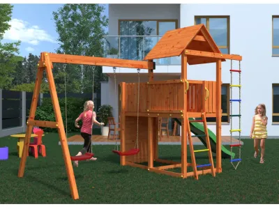 Spielturm Bento D teakfarben inkl. Rutsche grün Produktbild #3