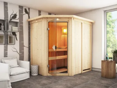 Systemsauna Carin mit Dachkranz, bronzierte Ganzglastür Produktbild #1