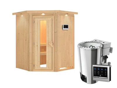 Sauna Systemsauna Nanja mit Dachkranz, Energiespartür, Plug & Play Bio-Ofen mit externer Steuerung Produktbild #7