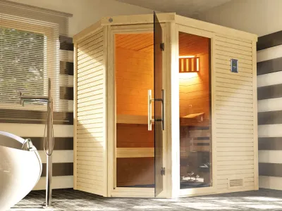 Sauna Massivholzsauna Cubilis ECK 1 mit Rundum-sorglos-Paket Produktbild #1