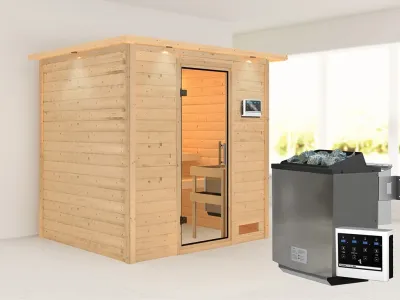 Sauna Massivholzsauna Anja mit Dachkranz, inkl. 9 kW Bio-Ofen mit externer Steuerung Produktbild #1