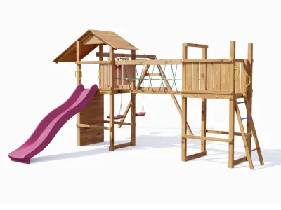 Spielturm Smart 5 Bridge teakfarben inkl. Rutsche pink Produktbild #4