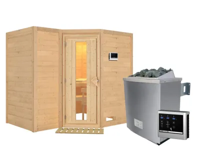 Massivholzsauna Sahib 2 Holztür mit Isolierglas, inkl. 9 kW Ofen ext. Steuerung Produktbild #5