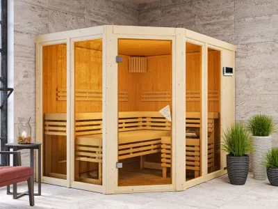 Sauna Ainur mit bronzierter Glastür + 9 kW Saunaofen ext. Strg. Produktbild #1