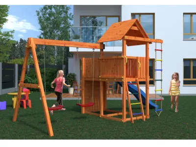 Spielturm Bento D teakfarben inkl. Rutsche blau Produktbild #3