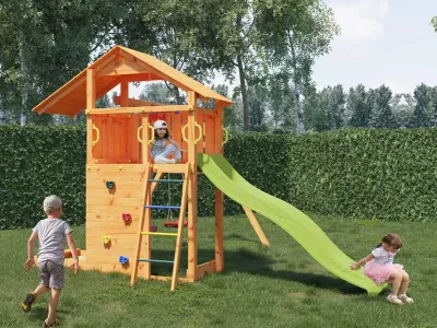 Spielturm Smart 2 teakfarben inkl. Rutsche gelb Produktbild #1