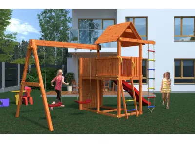 Spielturm Bento D teakfarben inkl. Rutsche rot Produktbild #3