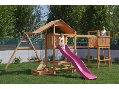 Spielturm Smart 1 Bridge teakfarben inkl. Rutsche pink Produktbild #1
