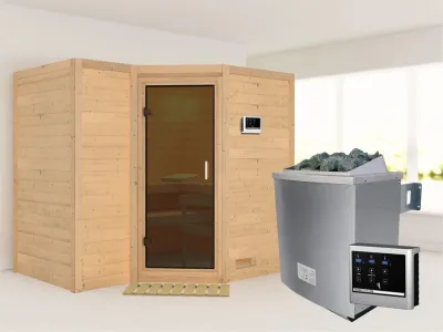 Massivholzsauna Sahib 2 graphit Ganzglastür, inkl. 9 kW Saunaofen ext. Steuerung Produktbild #1