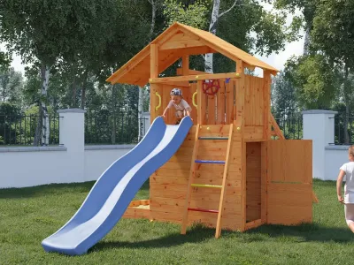 Spielturm Smart 7 teakfarben inkl. Rutsche blau Produktbild #2