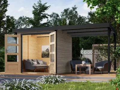 Gartenhaus Hybridhaus Jupiter D inkl. Anbau 19 mm wassergrau/anthrazit Produktbild #1