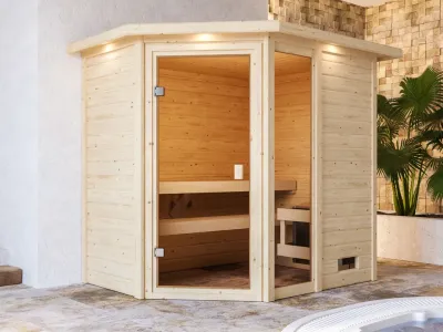 Sauna Jada mit bronzierter Glastür und Dachkranz + 9 kW Saunaofen integr. Strg. Produktbild #1