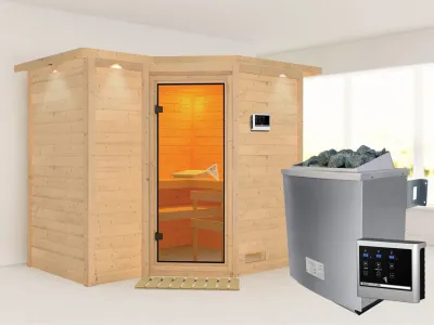 Massivholzsauna Sahib 2 mit Dachkranz, bronzierte Ganzglastür, inkl. 9 kW Ofen ext. Steuerung Produktbild #1
