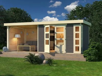 Gartenhaus SET Kerko 5 19 mm terragrau, inkl. 2,8 m Anbaudach + Seiten- und Rückwand Produktbild #1