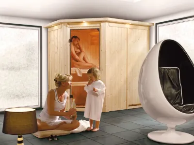 Systemsauna Carin mit Dachkranz, bronzierte Ganzglastür Produktbild #1