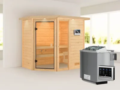Sauna Jada mit bronzierter Glastür und Dachkranz + 9 kW Bio-Kombiofen ext. Strg. Produktbild #1